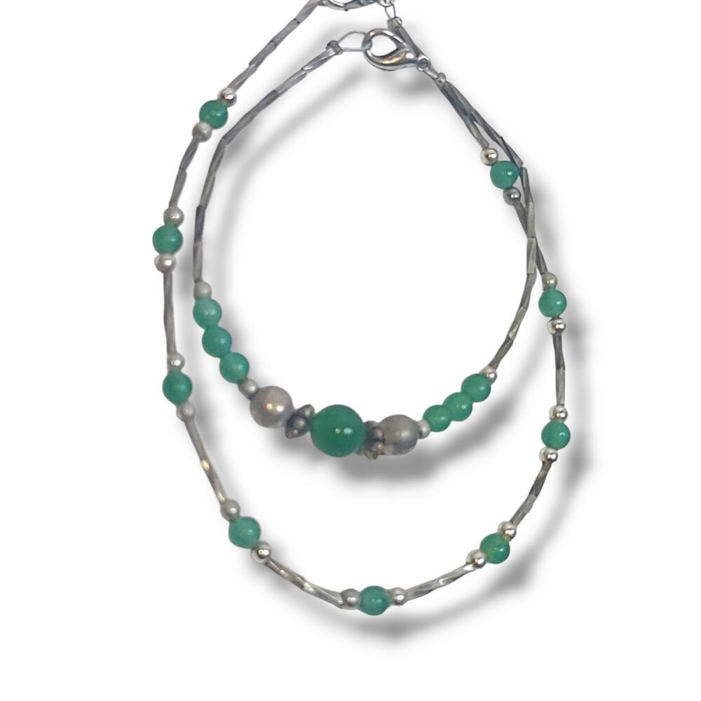 Vintage Silver Tone Green Glass Faux Jade Bead Bracelet & Anklet Set 7.5"‎ & 10"